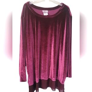 JMS Crushed Velvet Magenta Blouse with Long Sleeves and Sheer Trim - Size 5X
